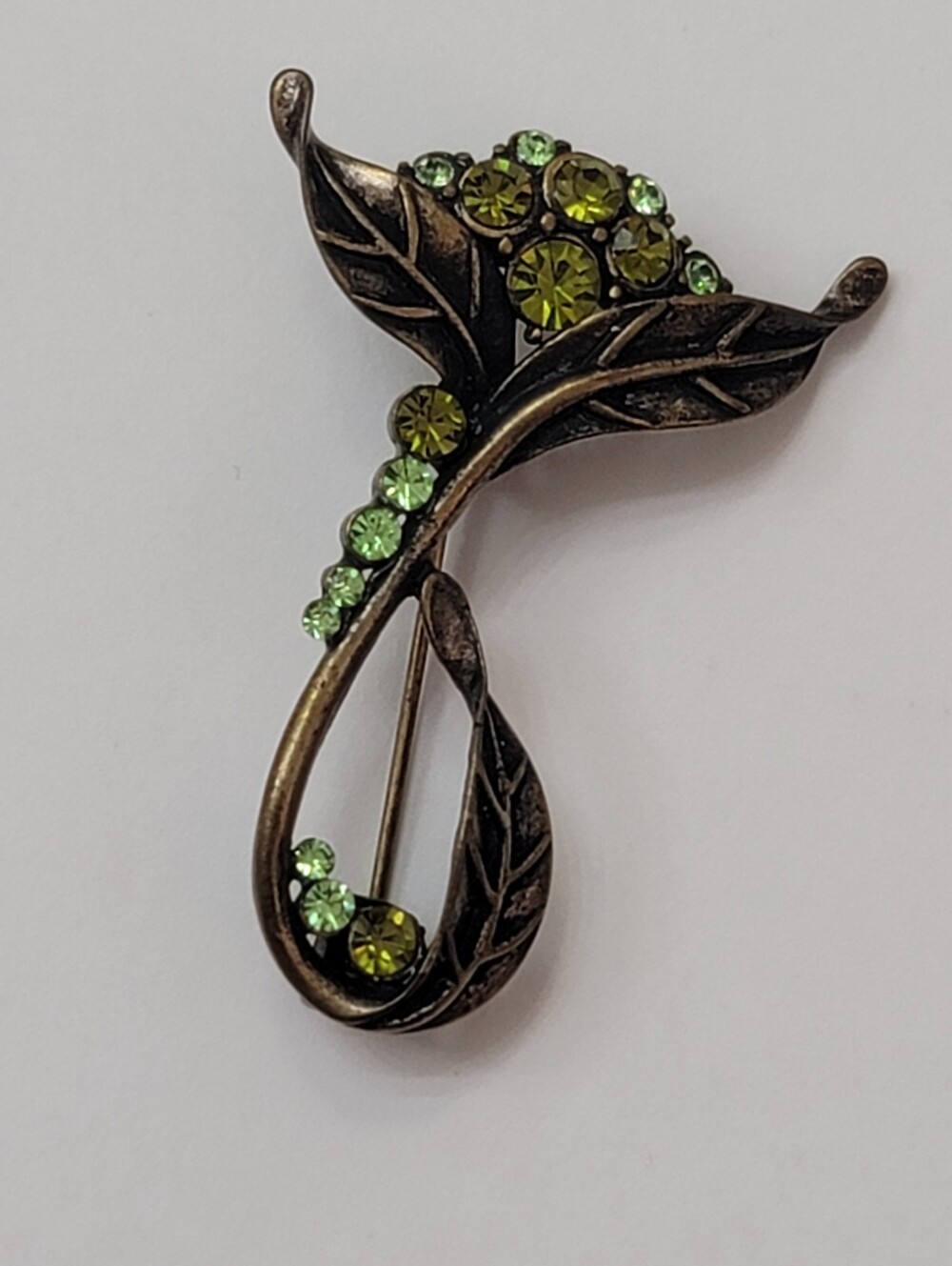 Green Crystal Leaf Brooch - Bronze Tone